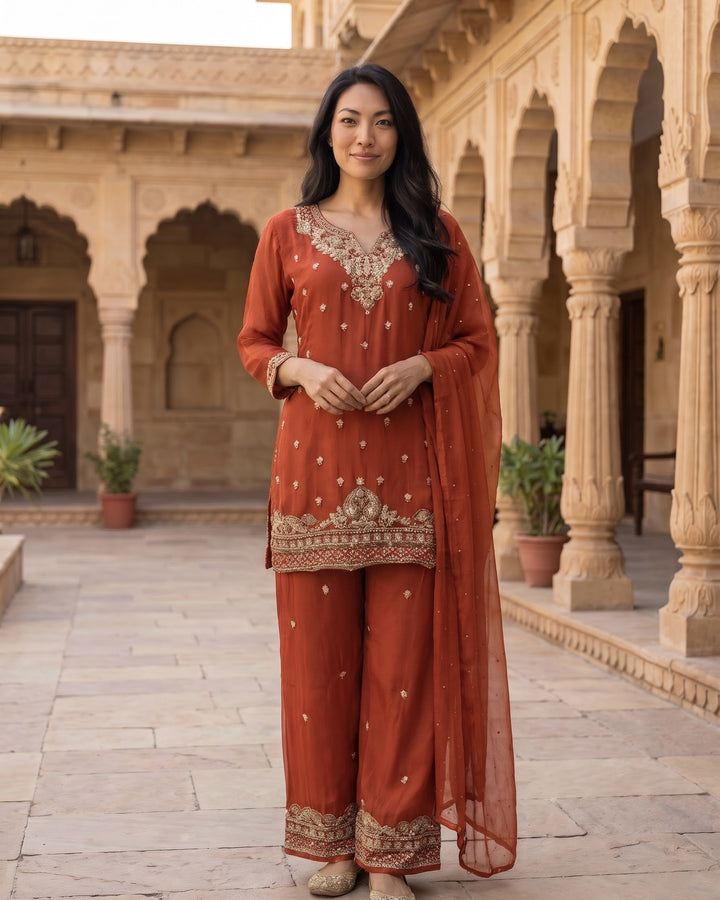 Embroidered Orange Chinnon Festive Ensemble (52600)