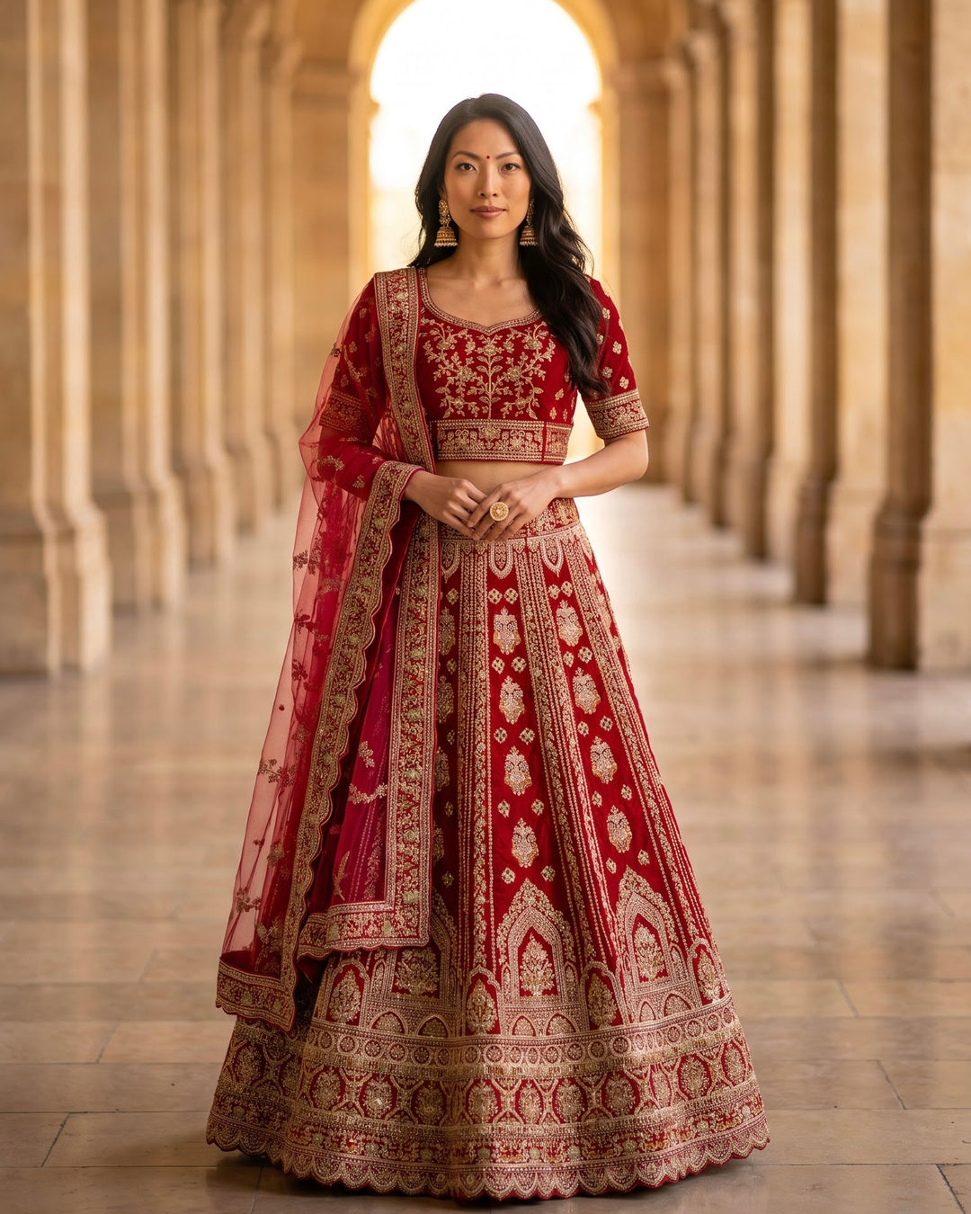 Rani Pink Velvet Bridal Embroidered Lehenga (45717)