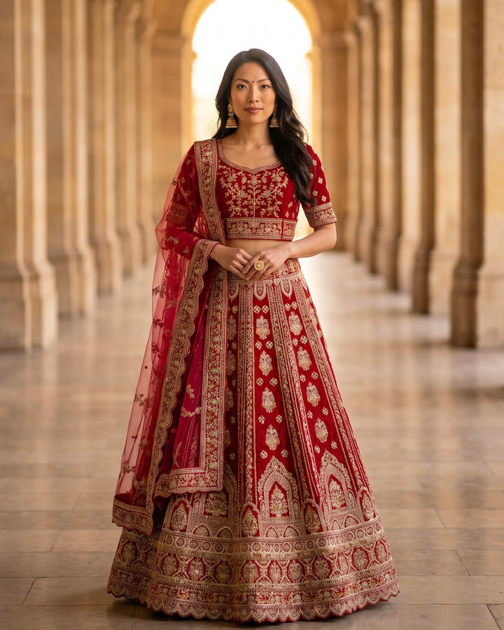 Rani Pink Velvet Bridal Embroidered Lehenga (45717)