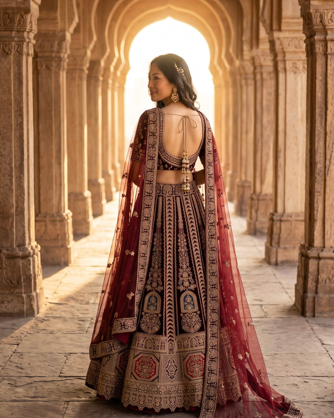 Maroon Velvet Embroidered Bridal Lehenga (42942)