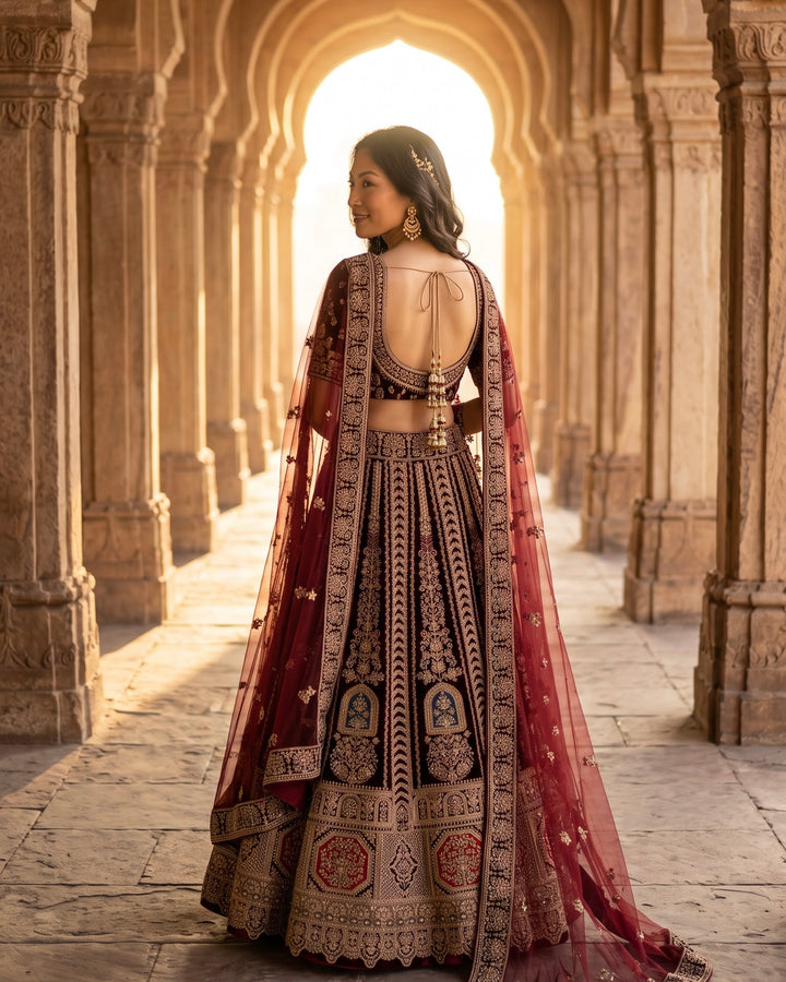 Maroon Velvet Embroidered Bridal Lehenga (42942)