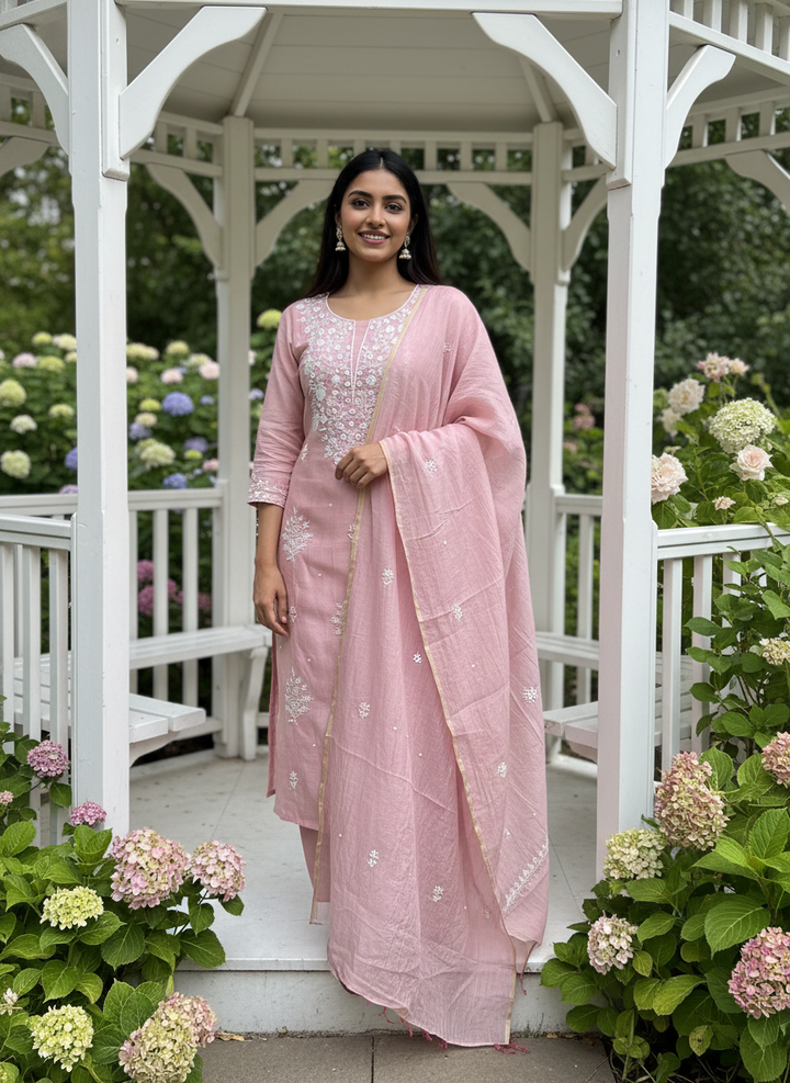 Pink Mull Embroidered Unstitched Dress Material (55335)