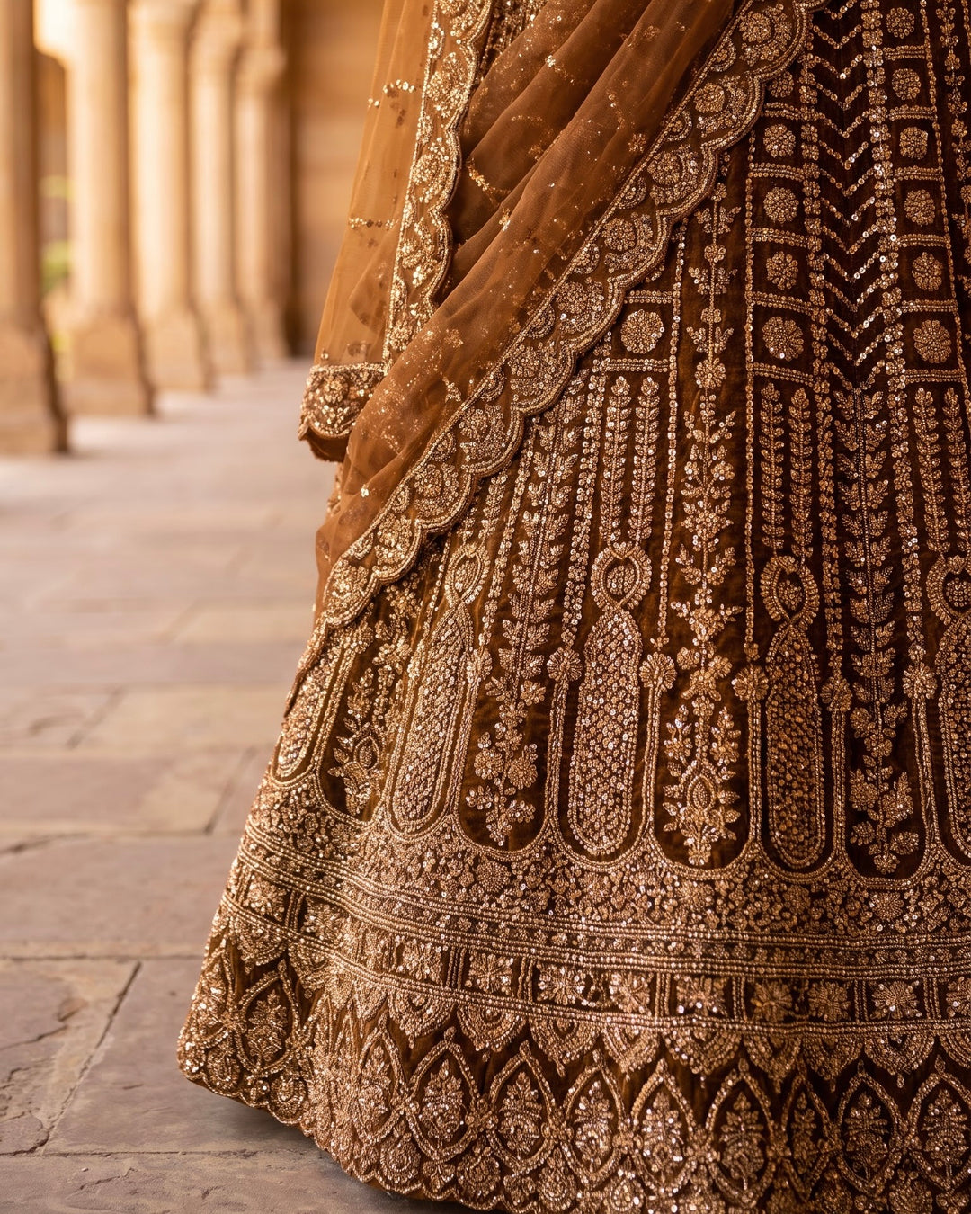 Embroidered Brown Net Bridal Lehenga (54308)