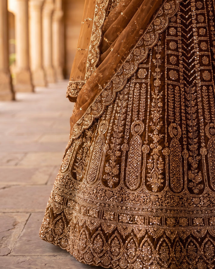 Embroidered Brown Net Bridal Lehenga (54308)