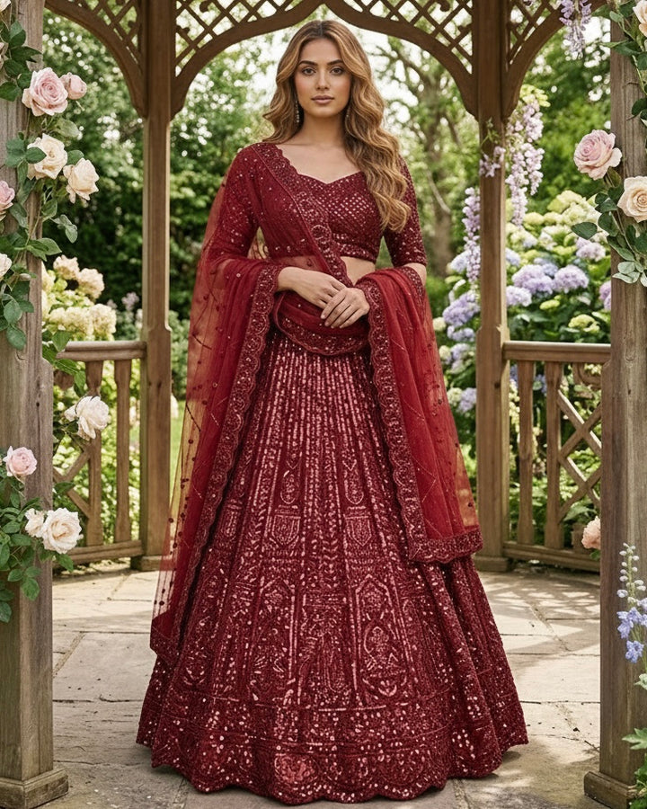 Maroon Net Embroidered Dupatta with Elegance (55071)