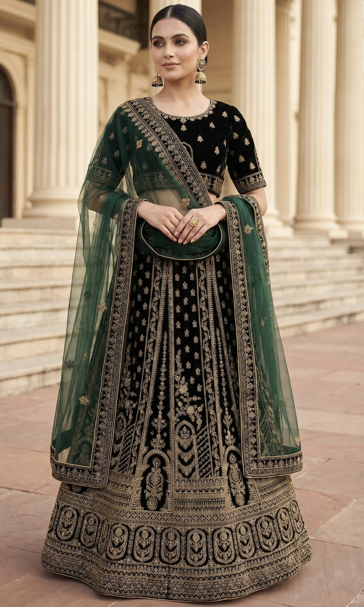 Bottle Green Velvet Zari Embroidered Bridal Dupatta (37516)