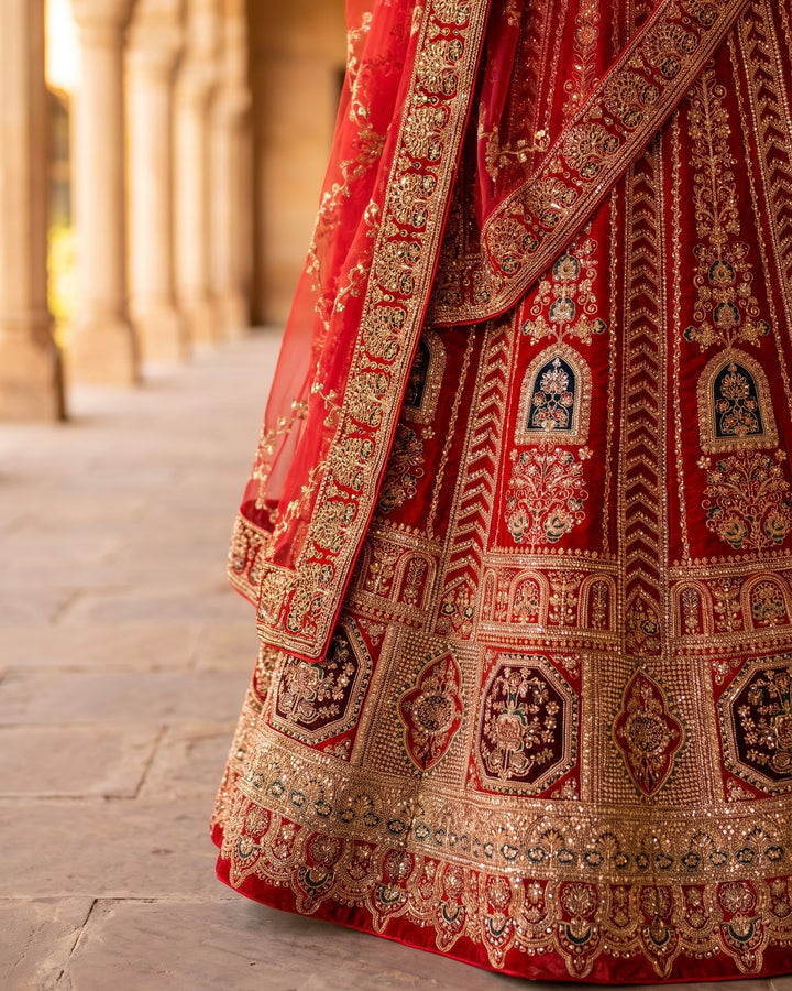 Maroon Velvet Bridal Lehenga with Zari Embroidery (44354)