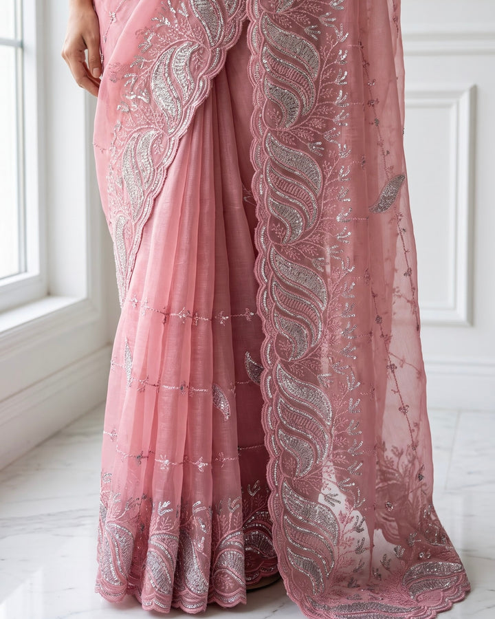Embroidered Pink Chiffon Saree (44276)