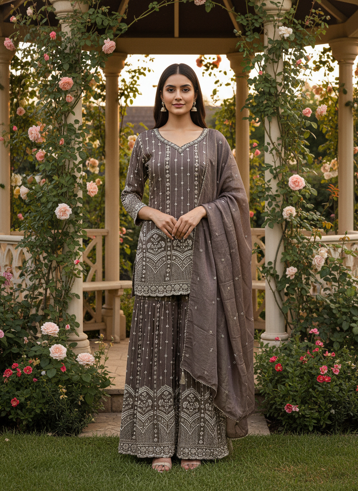 Brown Shimmer Organza Handwork Sharara Set (53480)