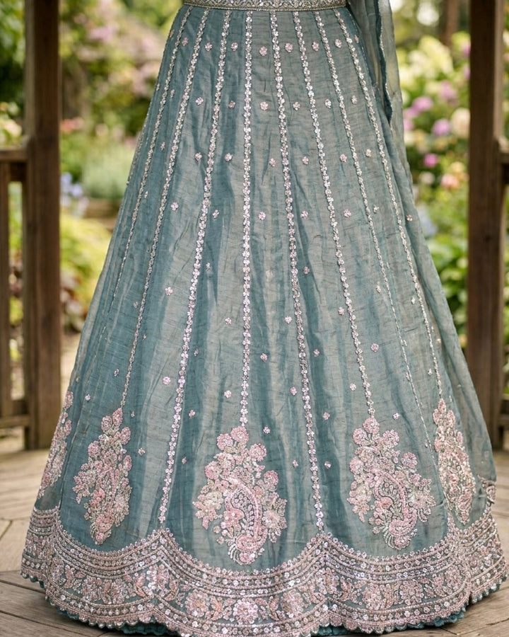 Embroidered Blue Organza Dupatta with Elegant Detailing (54511)