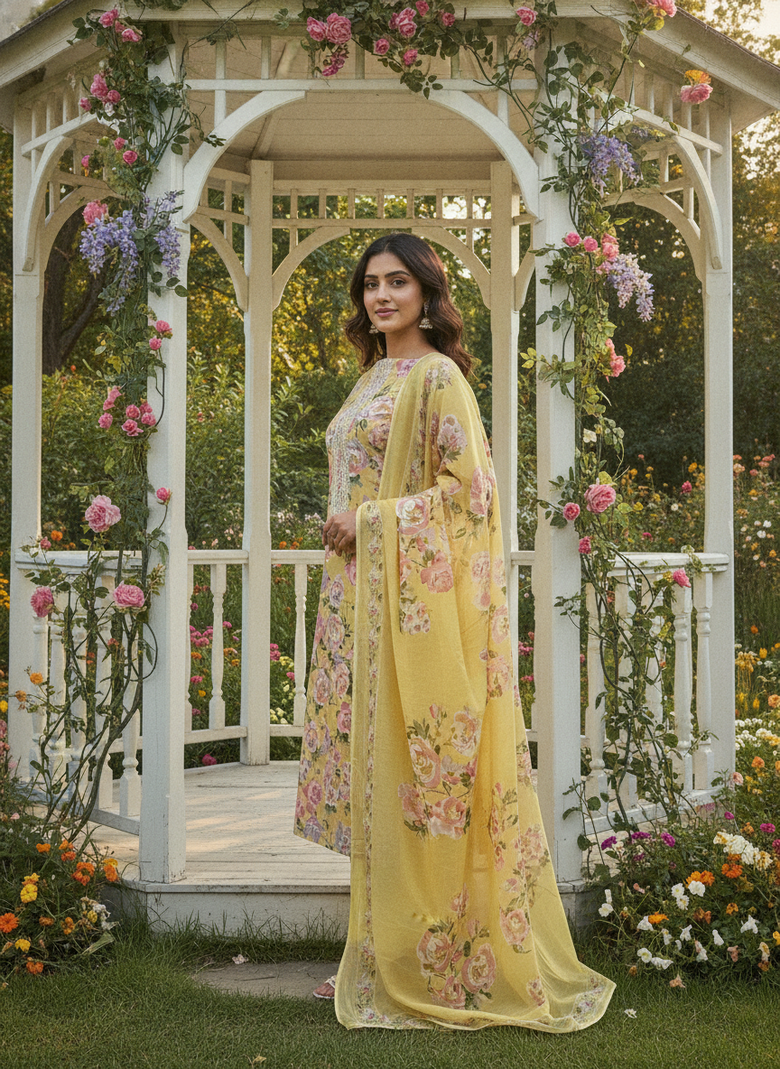 Sunlit Yellow Embroidered Cotton Unstitched Fabric (56256)