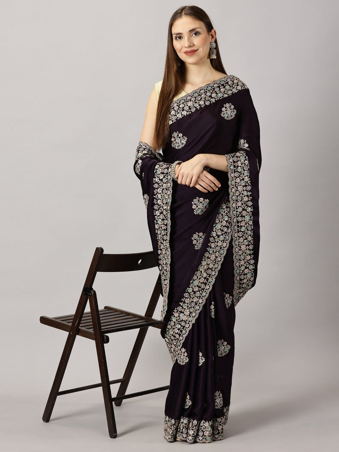 Yamuna - Satin Georgette Wine Zari Embroidered Saree (33095)