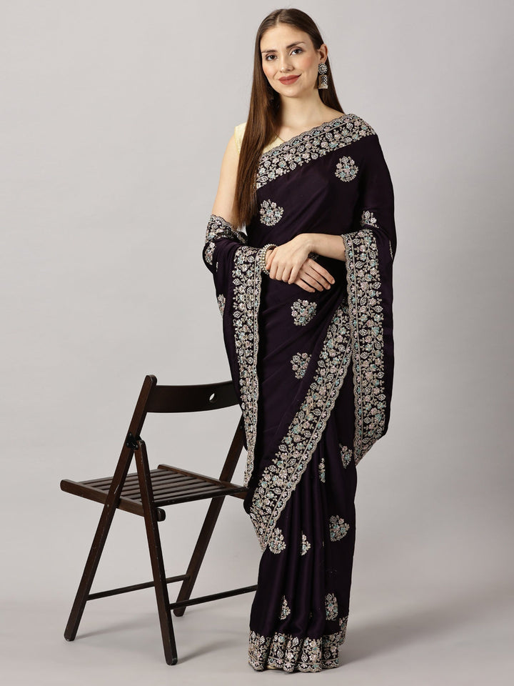 Yamuna - Satin Georgette Wine Zari Embroidered Saree (33095)