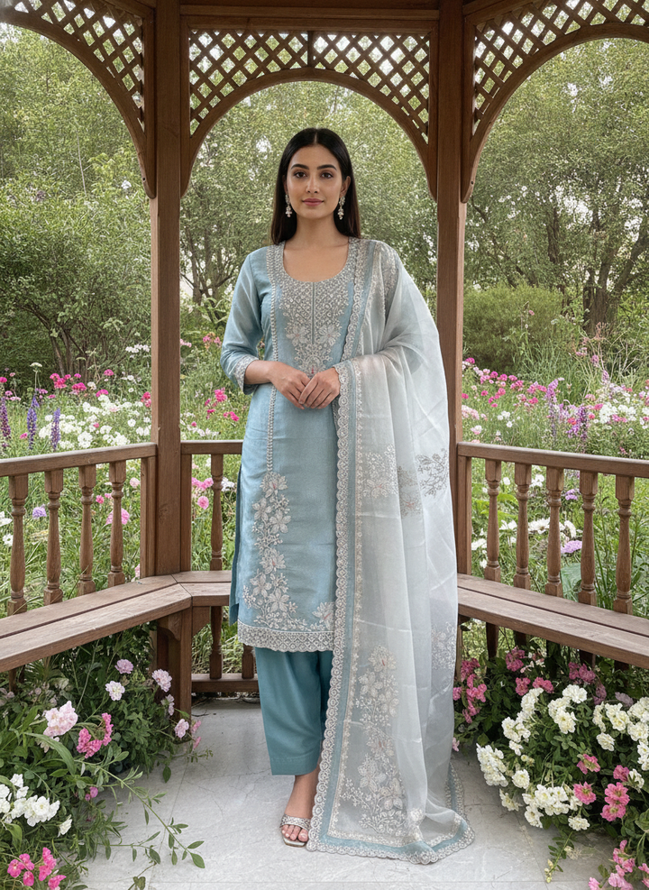 Blue Embroidered Organza Festive Ensemble (59711)