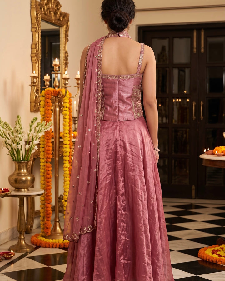 Pink Embroidered Tissue Corset Blouse Palazzo Set (60867)