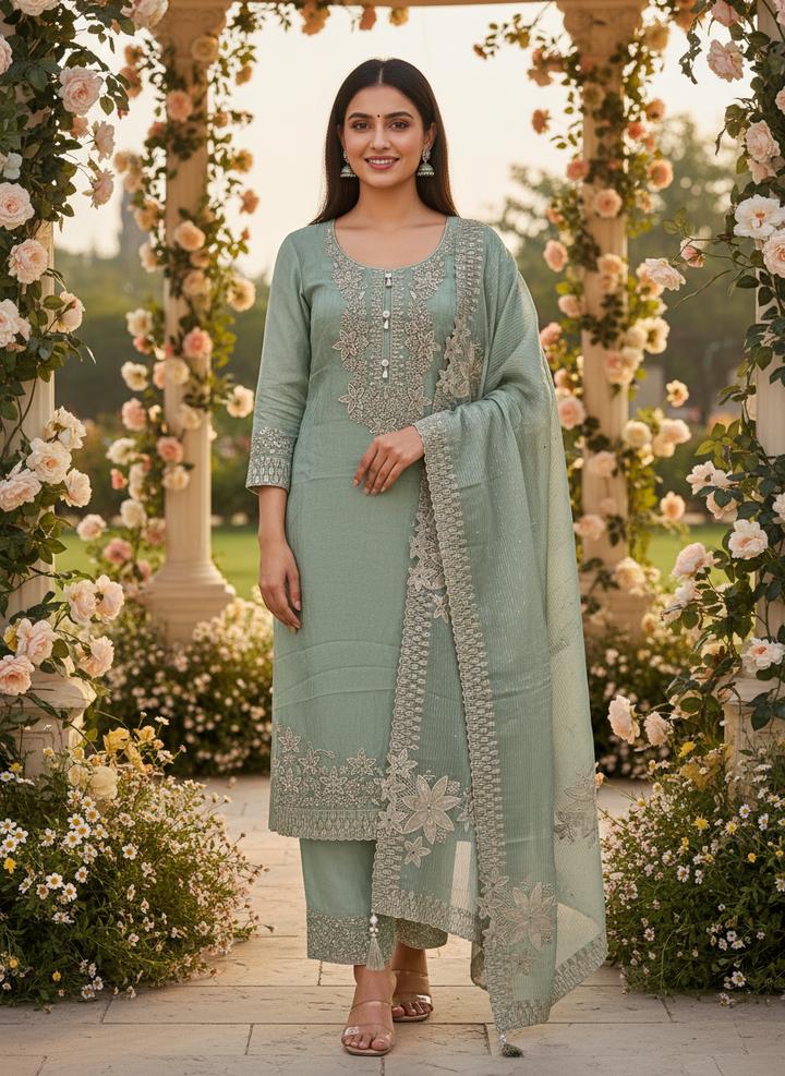 Sequined Green Organza Embroidered Everyday Elegance (54050)