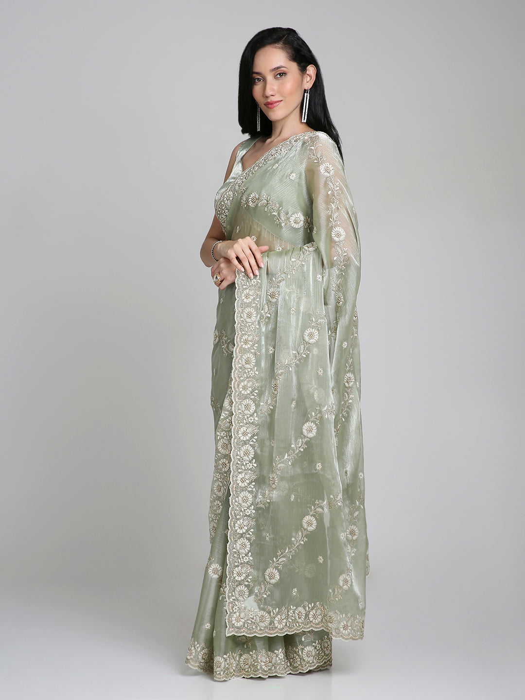 Ishira – Sage Green Embroidered Chiffon Saree with Pearl Lace Border | Fazals (44171)