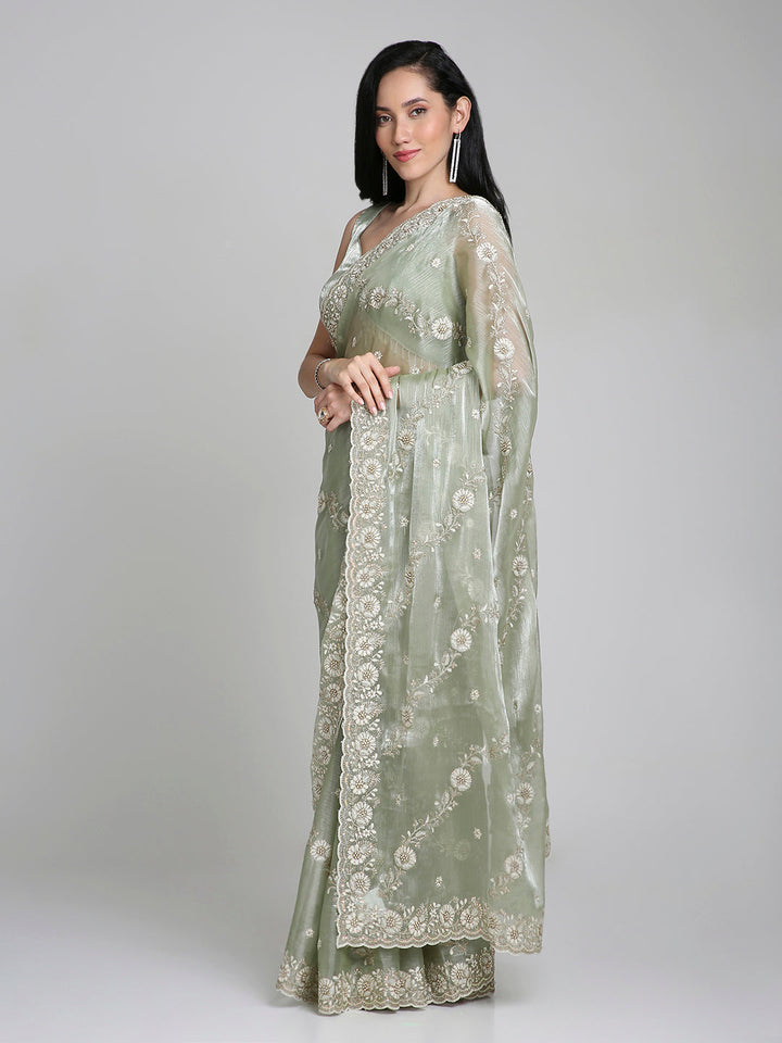 Ishira – Sage Green Embroidered Chiffon Saree with Pearl Lace Border | Fazals (44171)
