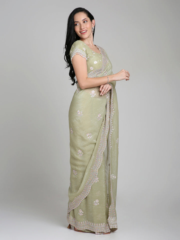 Samaira – Sage Green Chiffon Saree with Pastel Embroidered Border | Fazals (43392)