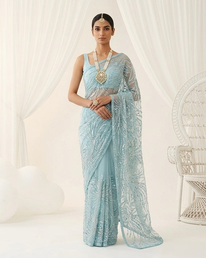 Twilight Blue Organza with Cascading Embroidery (54591)