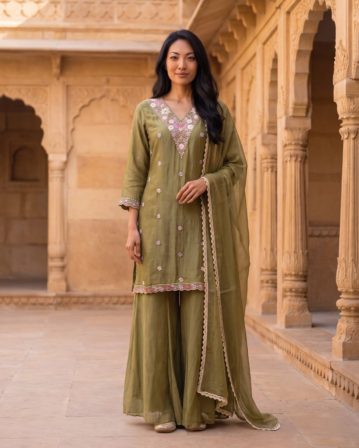 Rust Georgette Embroidered Festive Pant Set (49644)