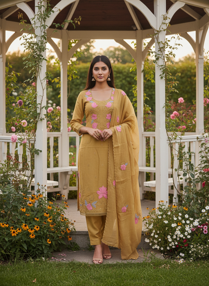 Embroidered Mustard Mull Unstitched Dress Material (54184)