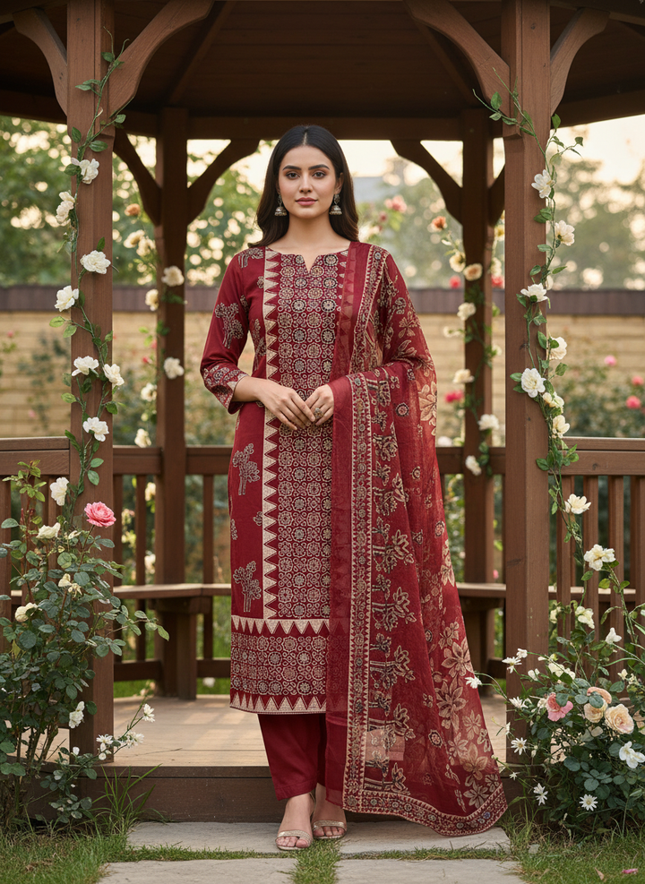 Maroon Cotton Print Unstitched Everyday Elegance (53887)