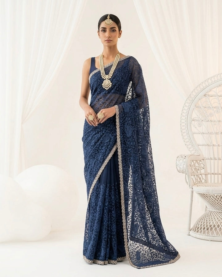 Navy Blue Embroidered Organza Saree Elegance (54579)