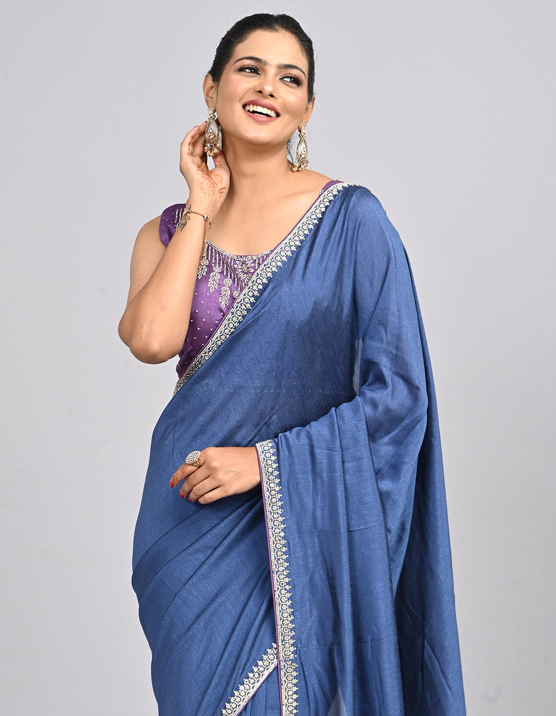 Inaaya – Blue Silk Saree with Swarovski Border & Self-Coloured Blouse | Fazals (47127)