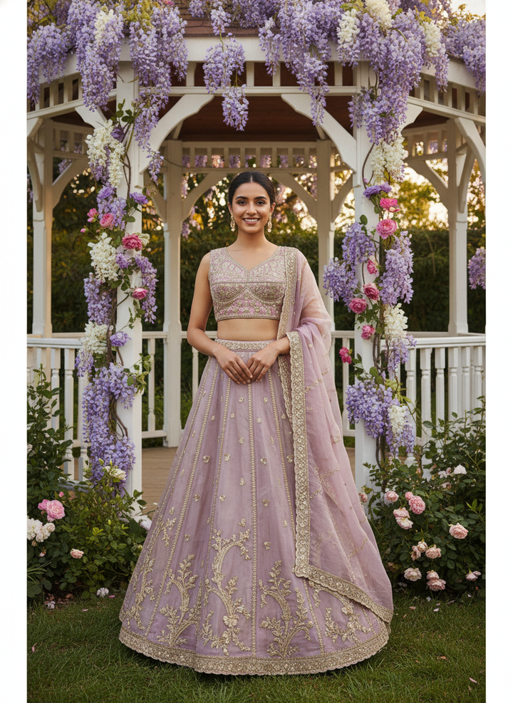 Lavender Organza Bridal Lehenga with Zari Embroidery (54102)