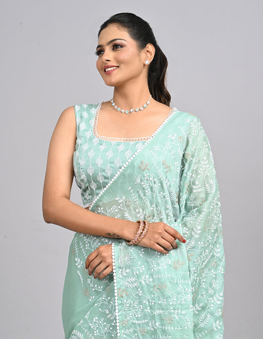 Aira – Mint Green Georgette Saree with Embroidered Thread Work Blouse | Fazals (43388)