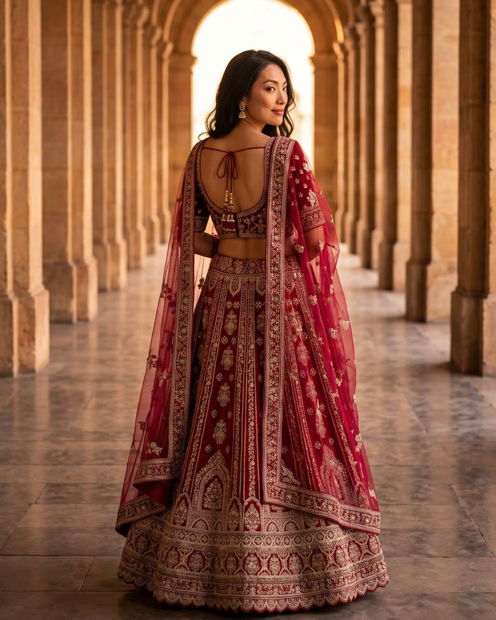 Rani Pink Velvet Bridal Embroidered Lehenga (45717)