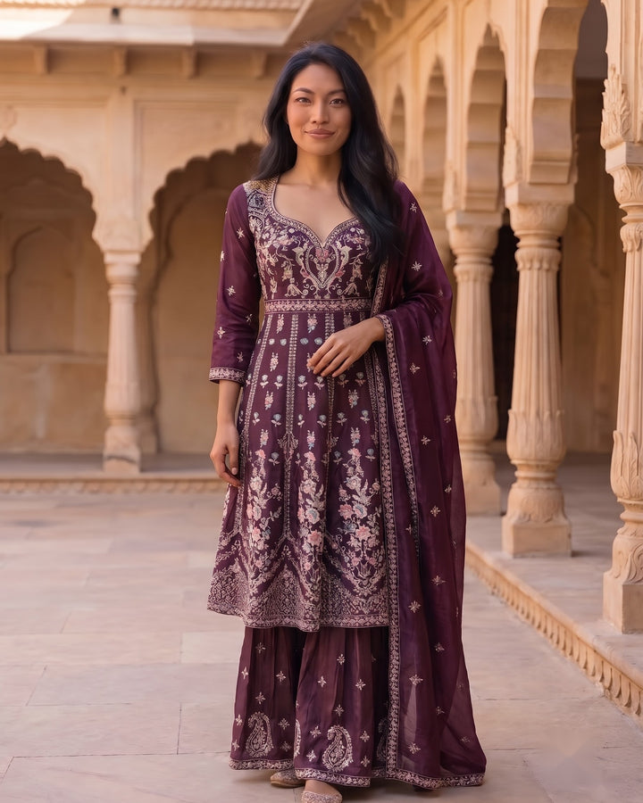 Wine Organza Embroidered Festive palazzo set (51760)