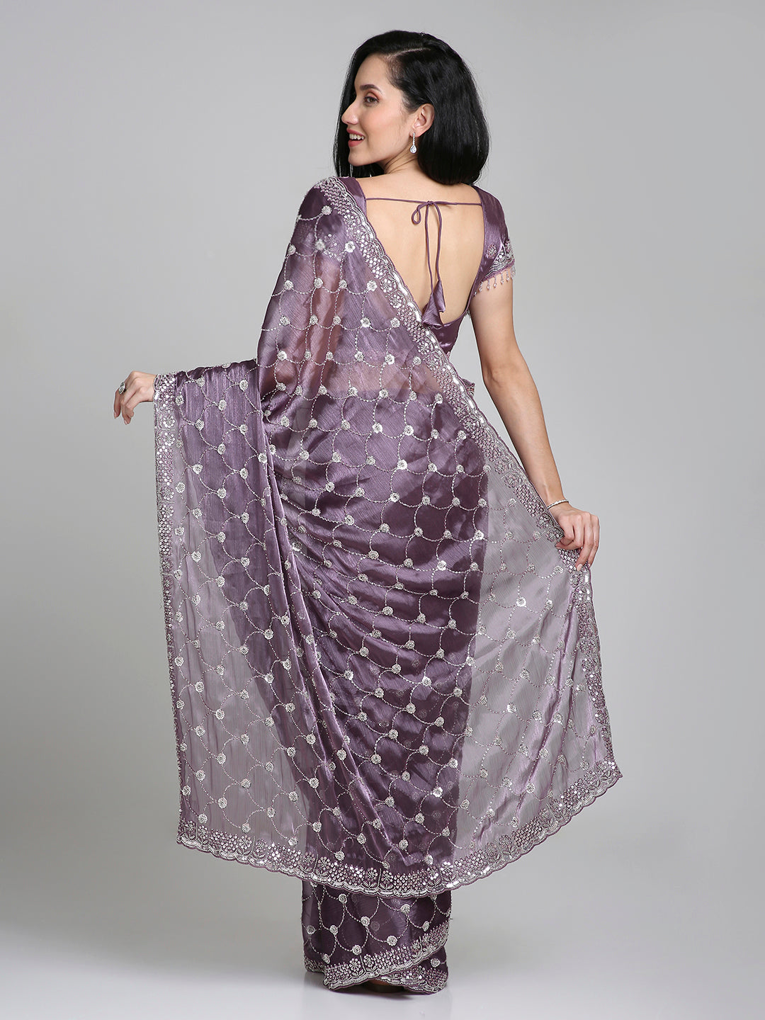 Meher – Lavender Purple Chinnon Saree with Pearl Embroidered Border | Fazals (43391)