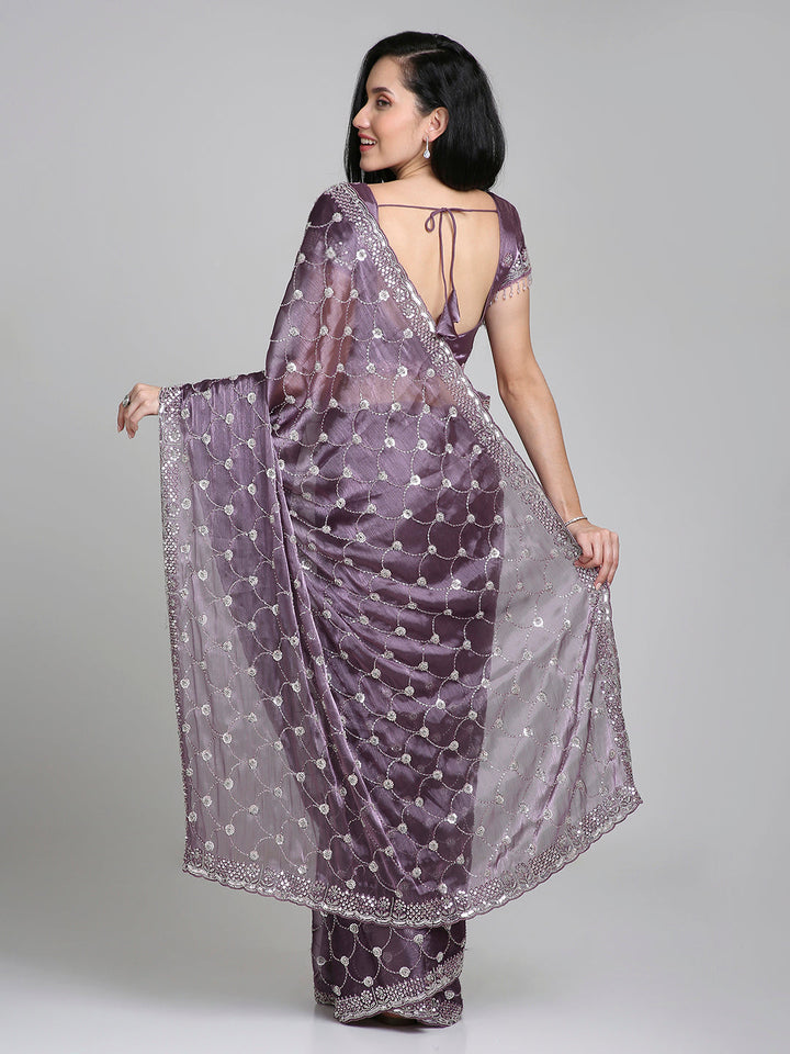 Meher – Lavender Purple Chinnon Saree with Pearl Embroidered Border | Fazals (43391)