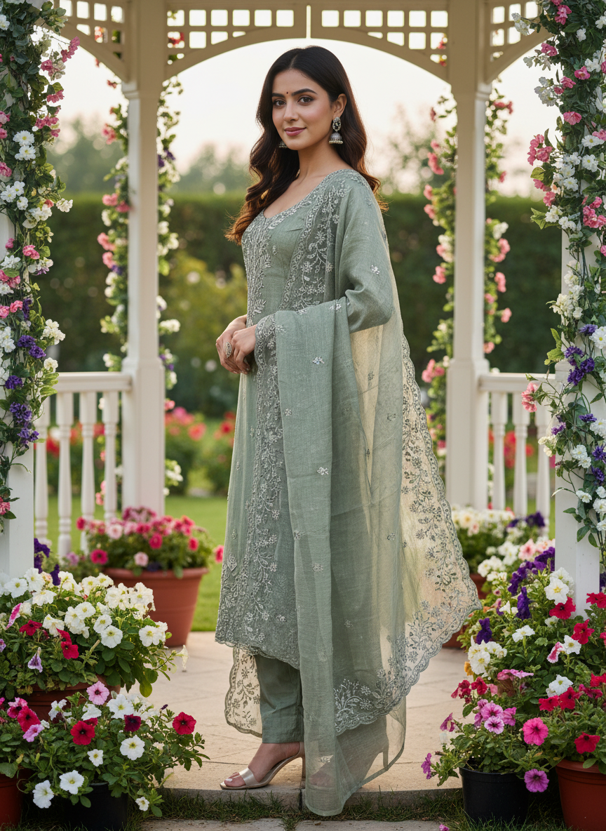 Luminous Green Tissue with Golden Zari Embroidery (55092)