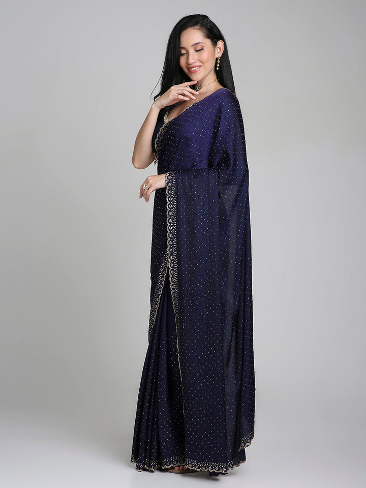 Ameera – Midnight Blue Chinnon Saree with Gold Swarovski Border | Fazals (45069)