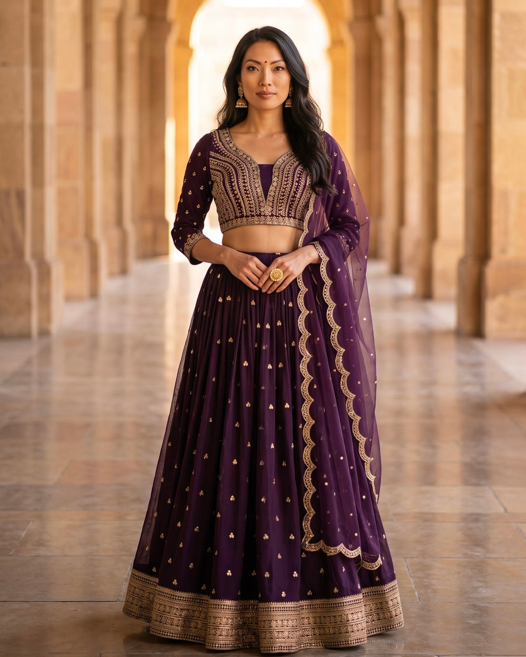 Wine Georgette Embroidered Festive Lehenga (27233)