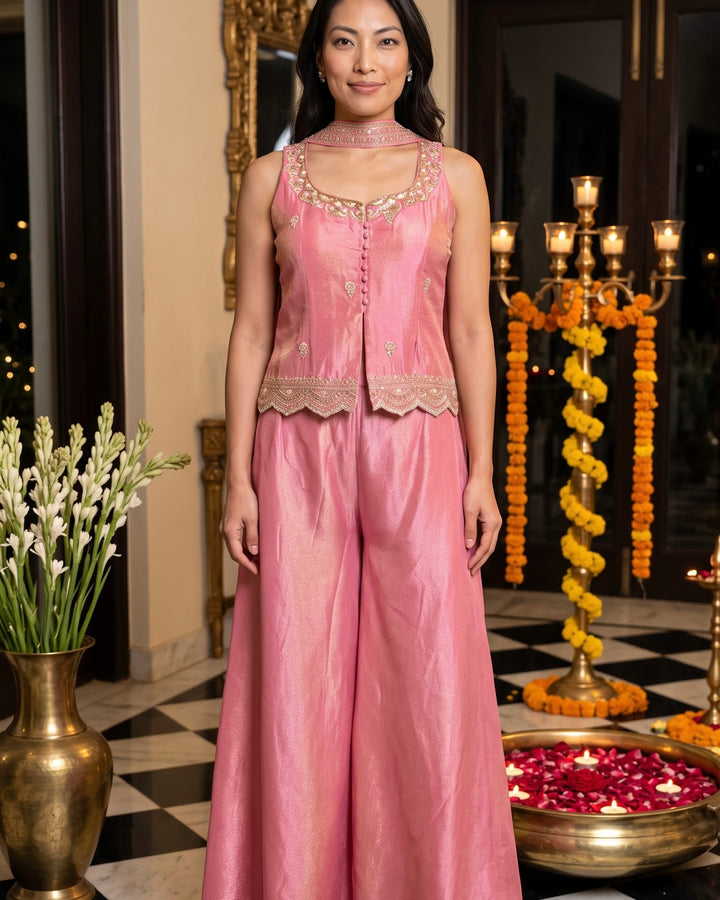 Pink tissue Embroidered Short Shirt Palazzo Set (46869)