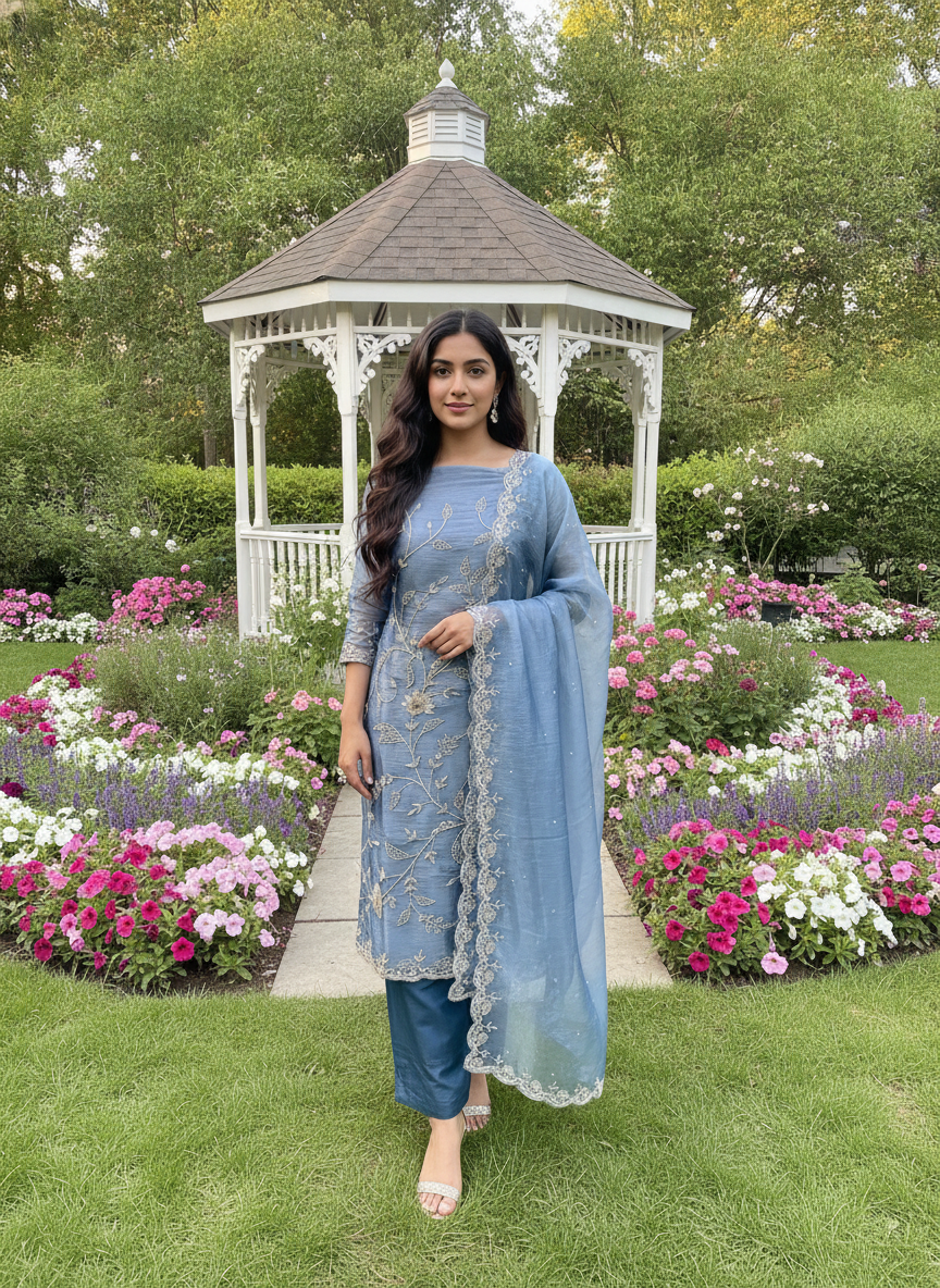 Blue Organza Embroidered Unstitched Festive Ensemble (58042)