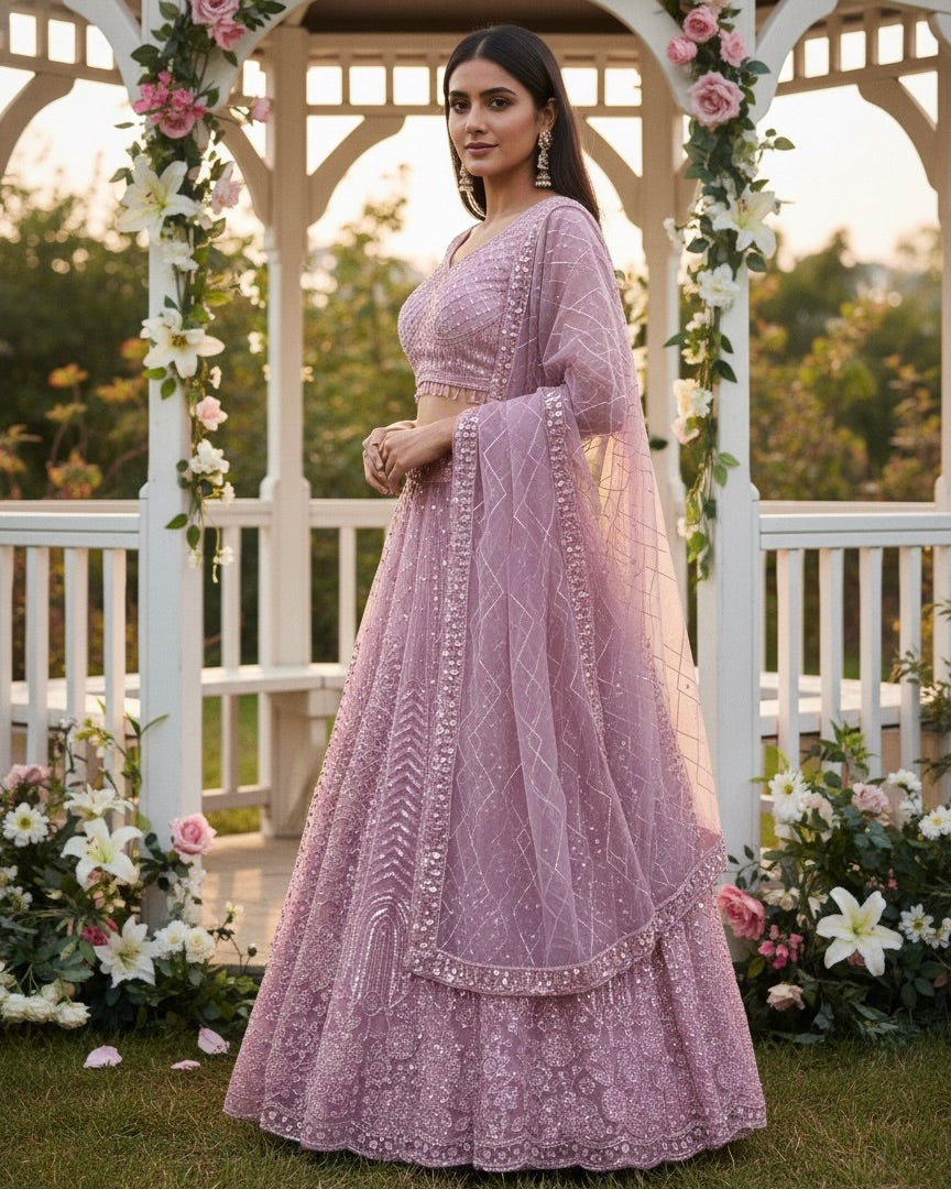 Embroidered Pink Net Dupatta with Elegant Detailing (54715)