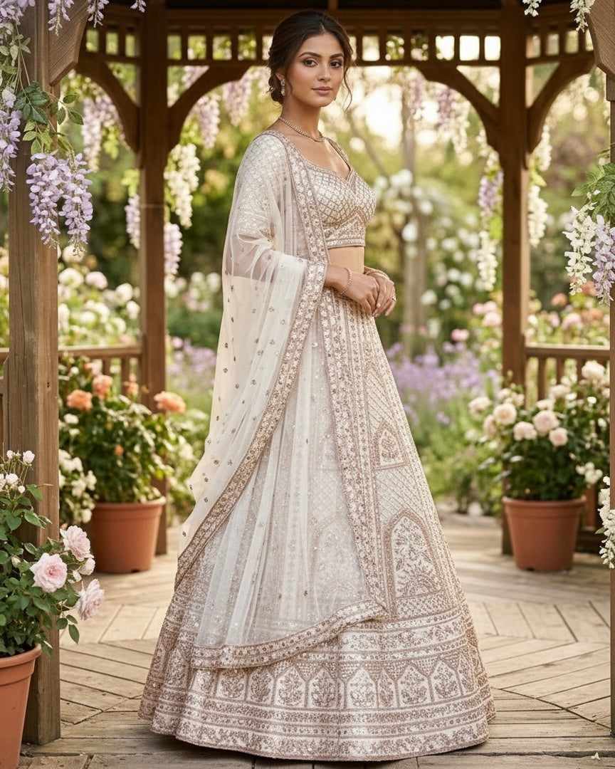 Cream Net Embroidered Dupatta with Elegance (55075)