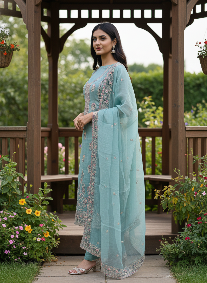 Luminous Blue Embroidered Tissue for Festive Elegance (55217)