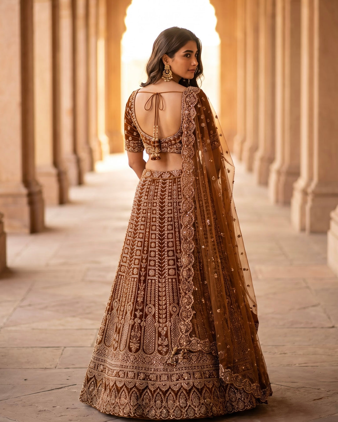 Embroidered Brown Net Bridal Lehenga (54308)