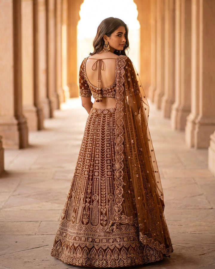 Embroidered Brown Net Bridal Lehenga (54308)