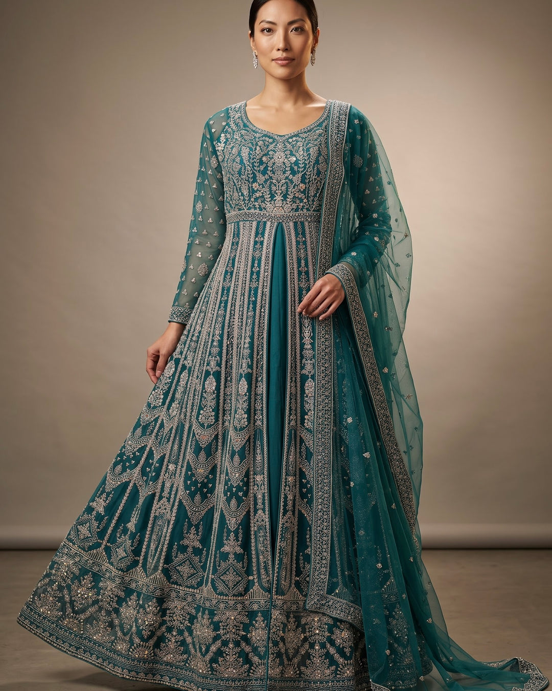 Embroidered Green Net Indo Western (30321)