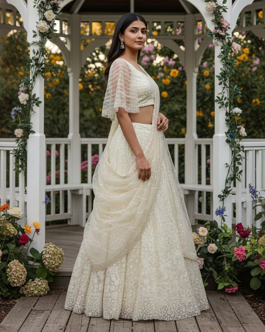 Cream Net Embroidered Dupatta with Elegant Detailing (54716)