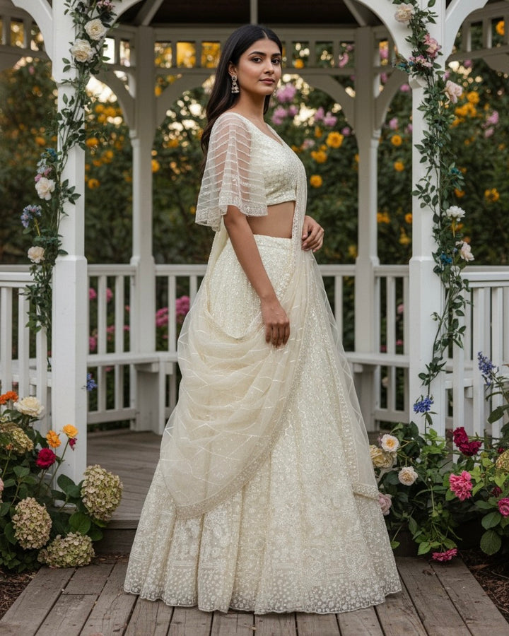 Cream Net Embroidered Dupatta with Elegant Detailing (54716)