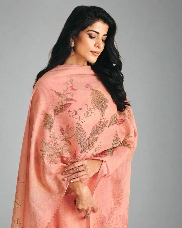 8109A-Peach Muslin Floral Print Suit Set with Dupatta – Elegant & Breezy Daily/Festive Wear (43615)