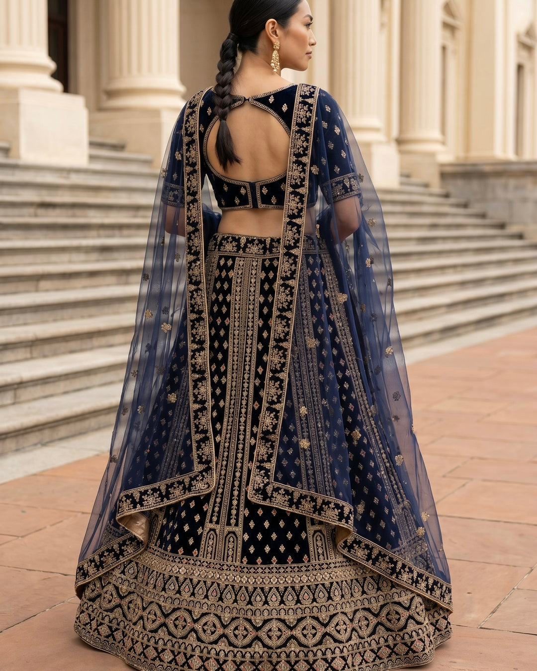 Navy Blue Velvet Embroidered Bridal Dupatta (45365)